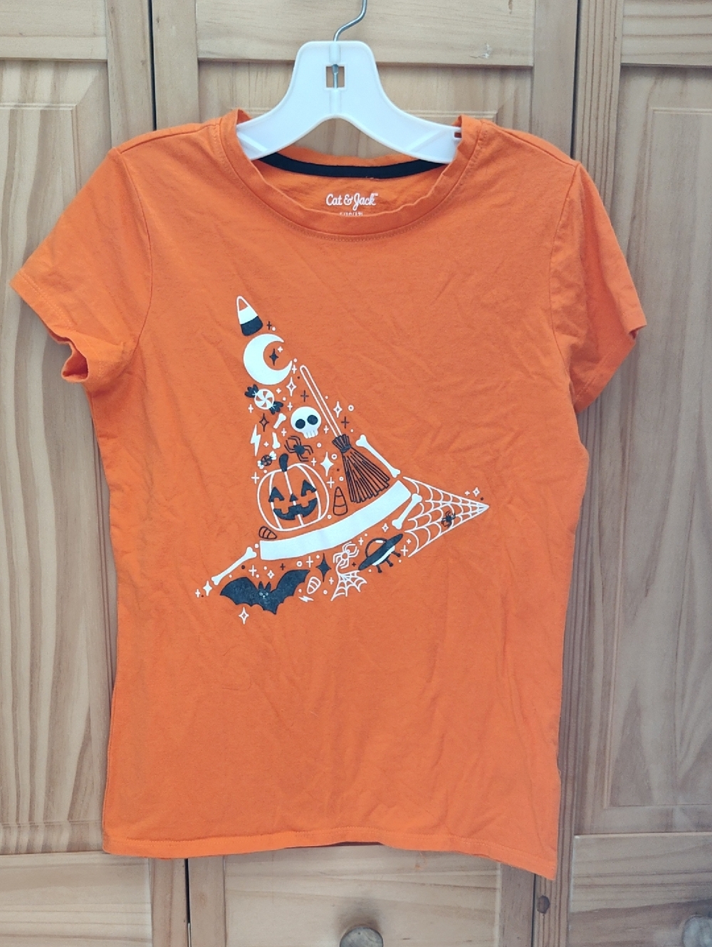 Cat & Jack Orange Halloween Witch Hat Graphic Tee, Size L 10/12